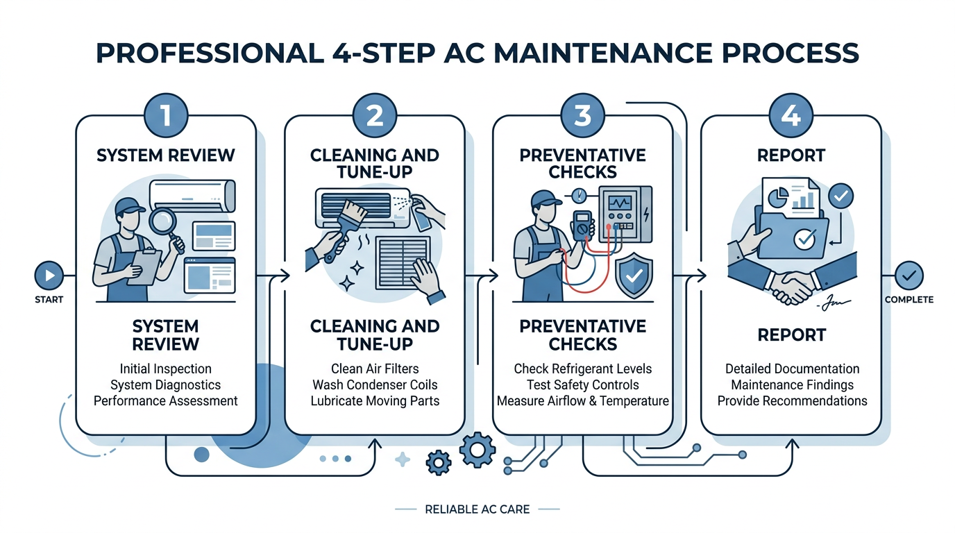 4-step AC maintenance process: system review, cleaning and adjustments, preventative checks, report