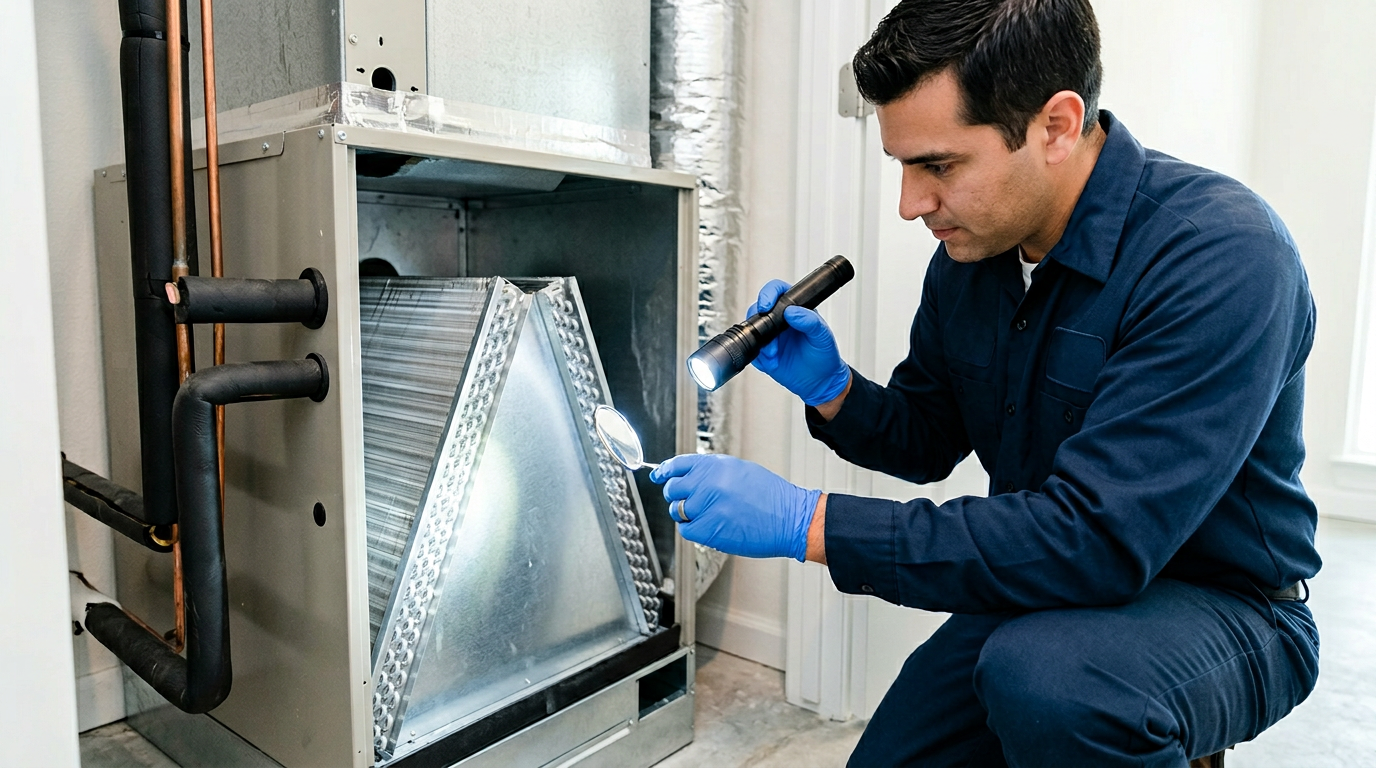 HVAC technician inspecting evaporator and condenser coils during AC maintenance