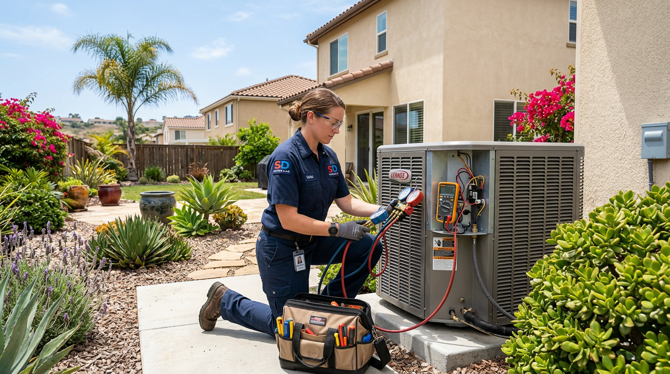 Technician servicing a residential condenser unit in San Diego