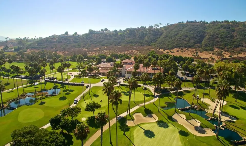 Aerial view of Fairbanks Ranch golf course and luxury estates in San Diego County.