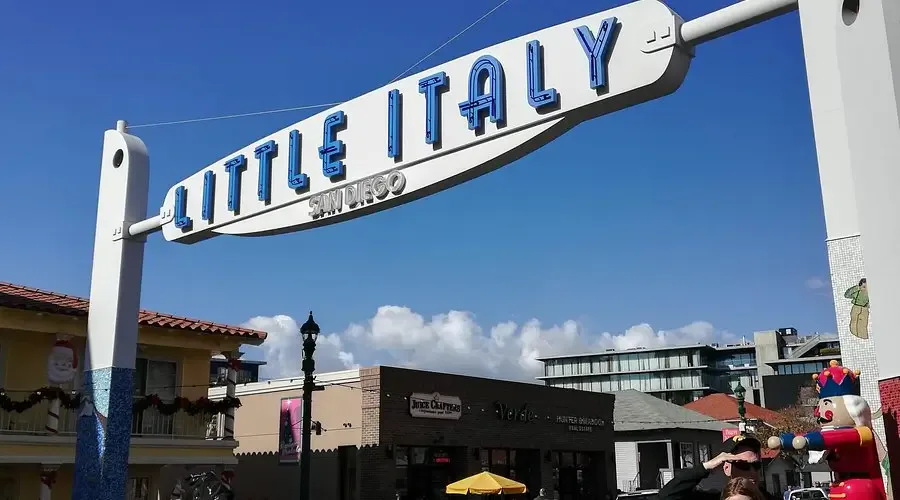 Little Italy San Diego gateway sign and neighborhood streetscape.