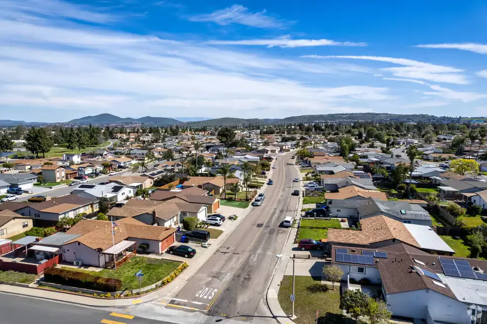 Aerial view of Mira Mesa neighborhood streets and homes in San Diego.