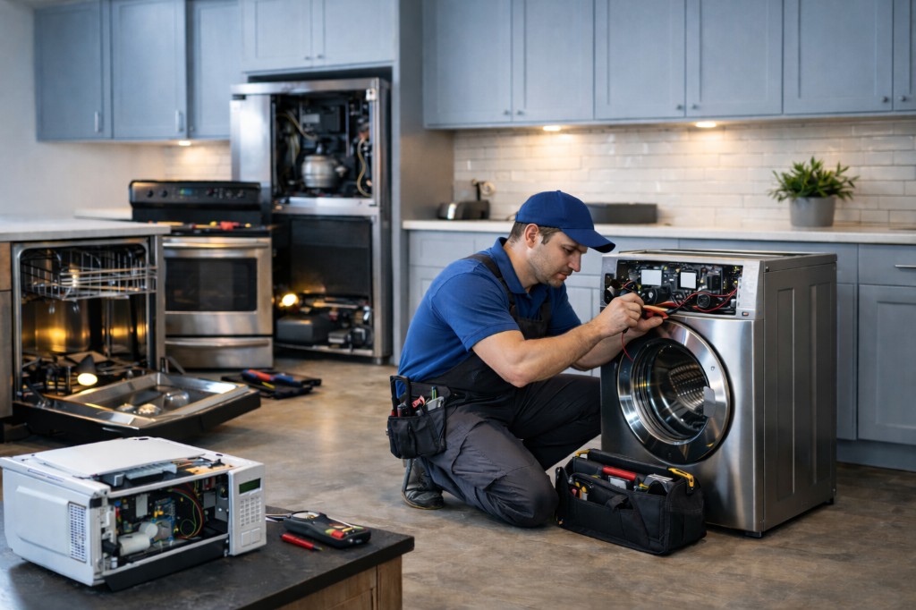 Appliance repair technician working on washing machine