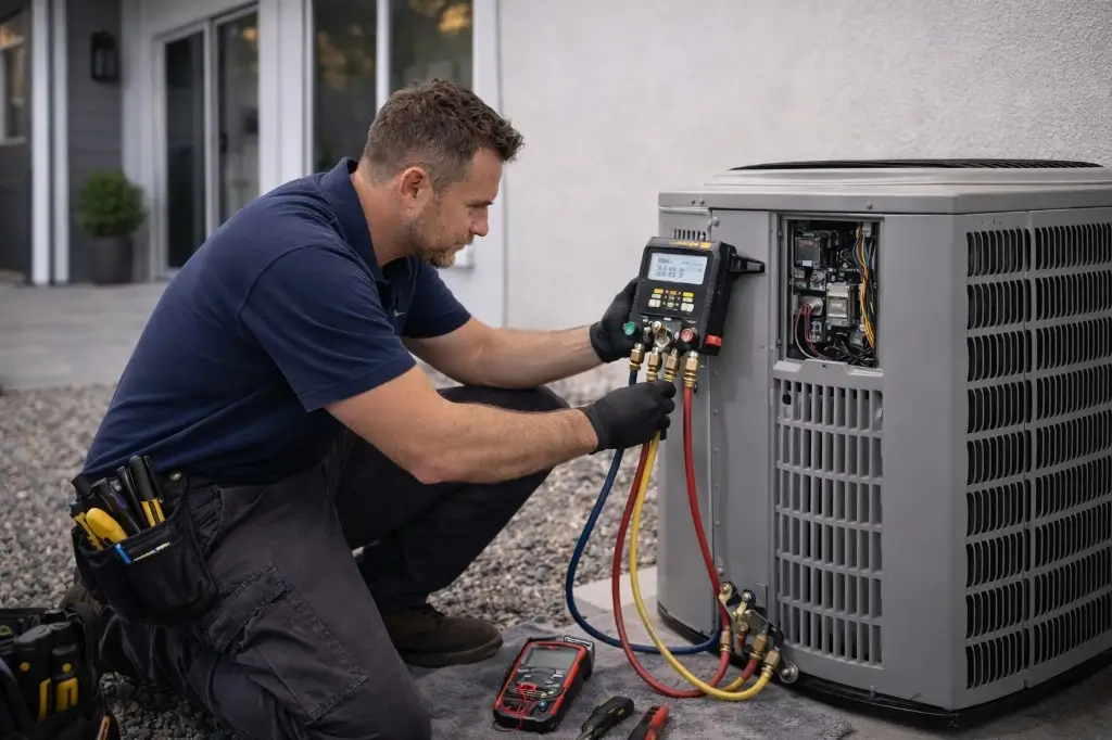 Professional air conditioning repair technician servicing outdoor AC condenser unit