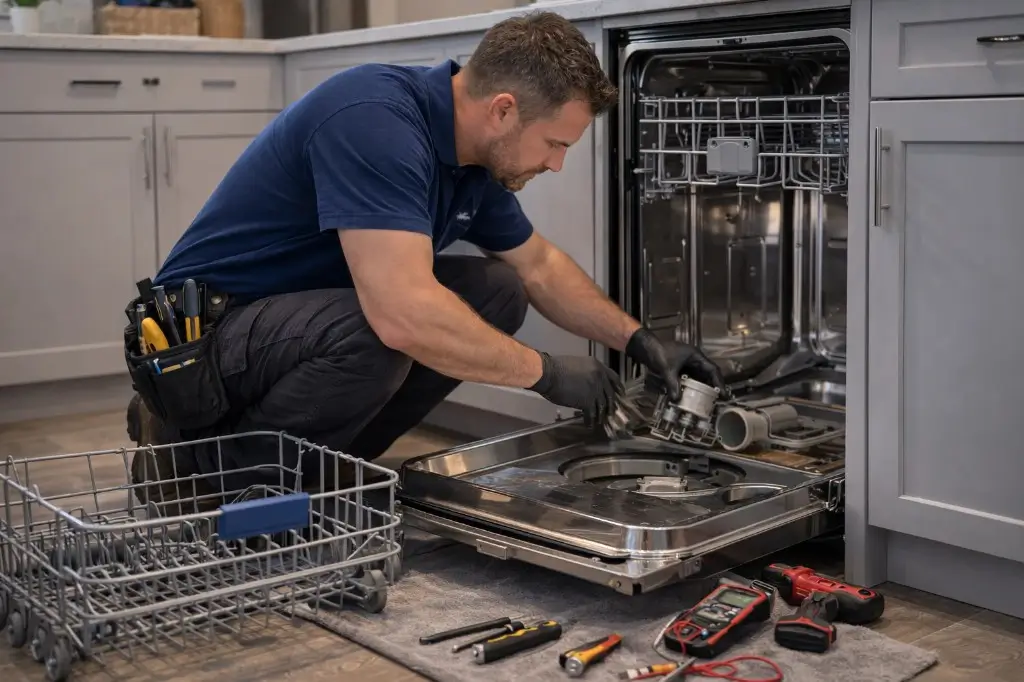 Professional dishwasher repair technician fixing built-in dishwasher pump and filter in modern kitchen
